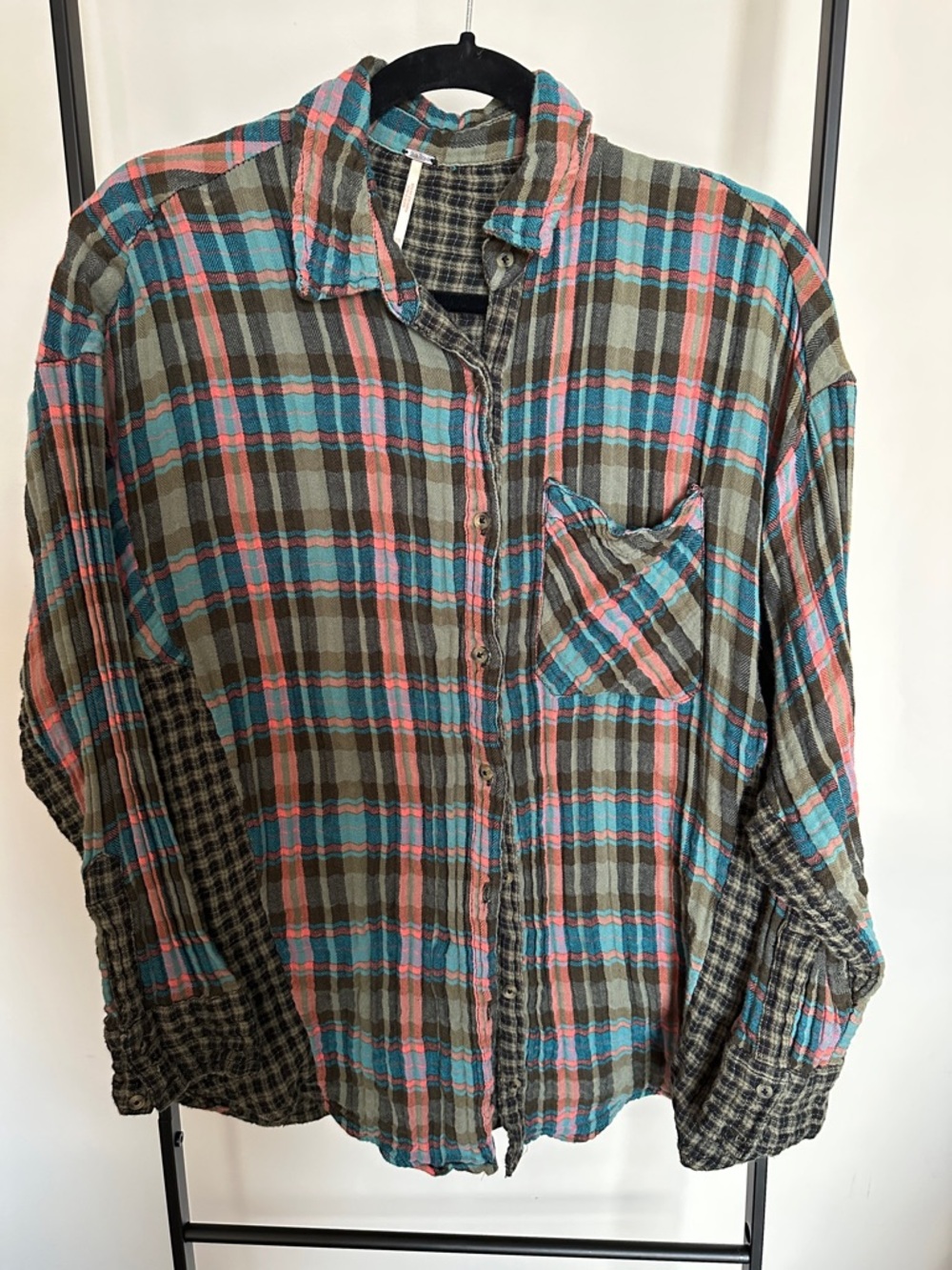 Free People Plaid Button-Down Shirt in Olive, Teal & Coral